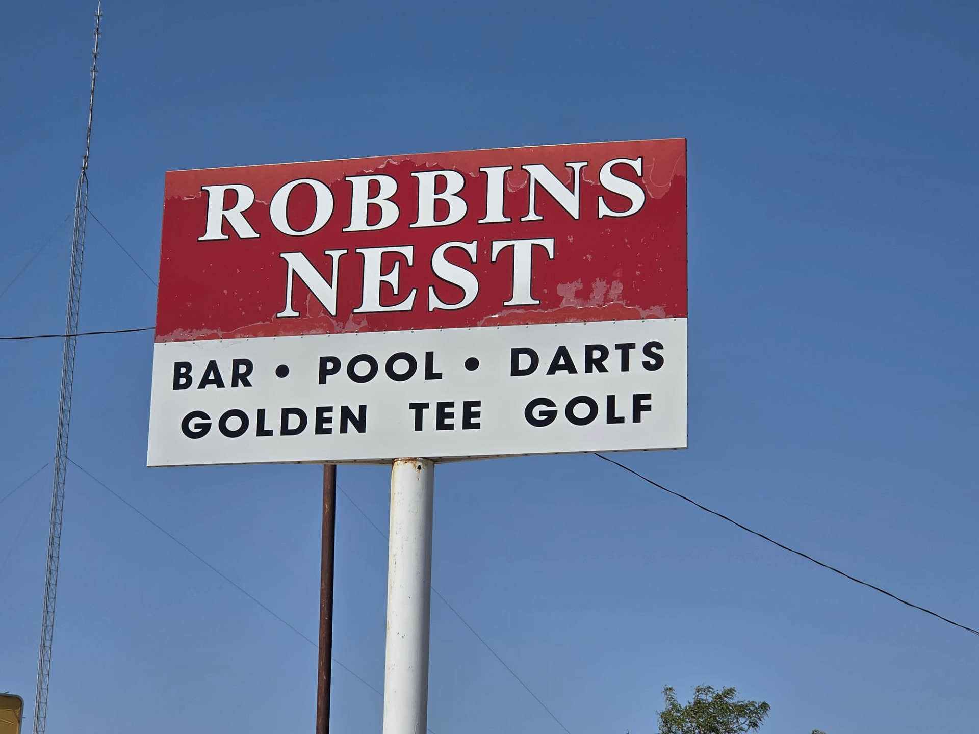 Robbins Nest road sign: Bar, Pool, Darts, Golden Tee Golf